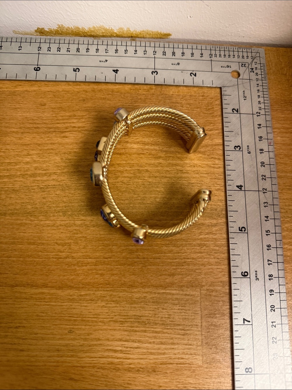 Gold tone braided wide multistrand rigid cuff open bracelet pastel rhinestone - Picture 3 of 3